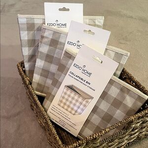 Three Collapsible Storage Bins - Beige Checkered